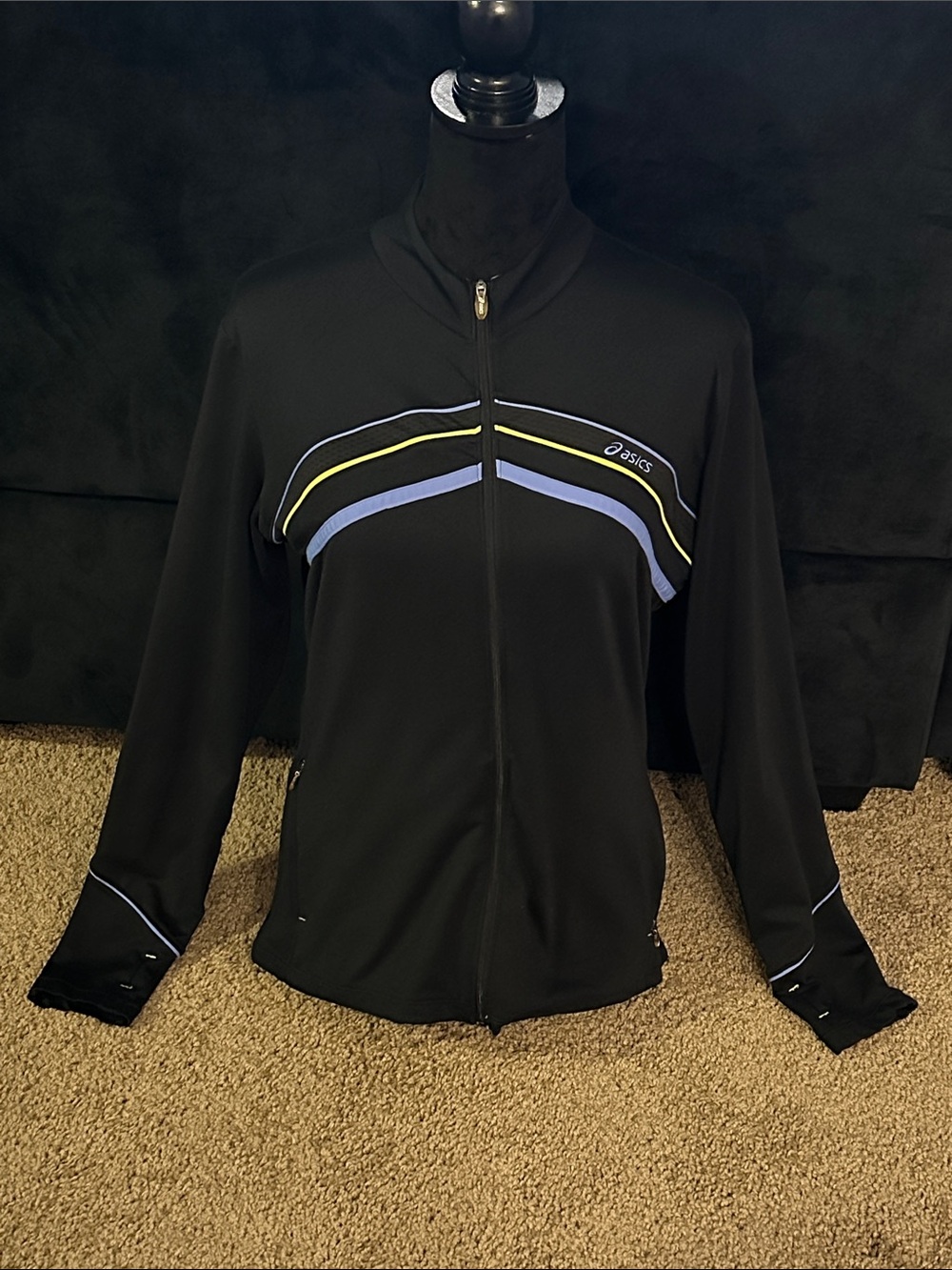 Asics Black Performance Jacket with Blue and Yellow Chevron Stripes